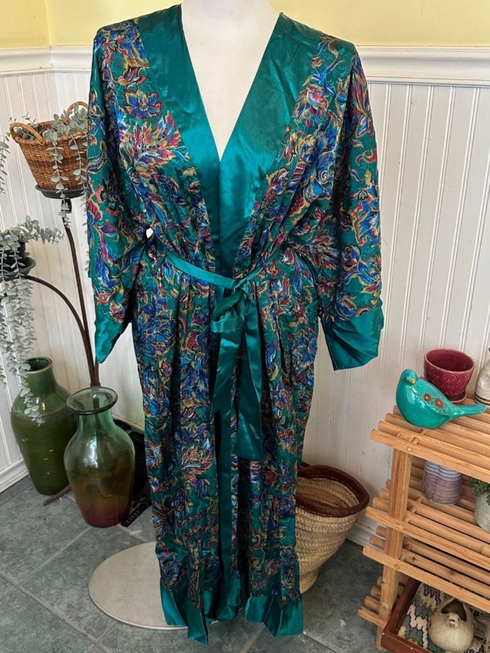 Vintage 90s Victoria's Secret Teal & Multicolor Floral Satin Kimono Robe NWT M/L - Picture 2 of 6